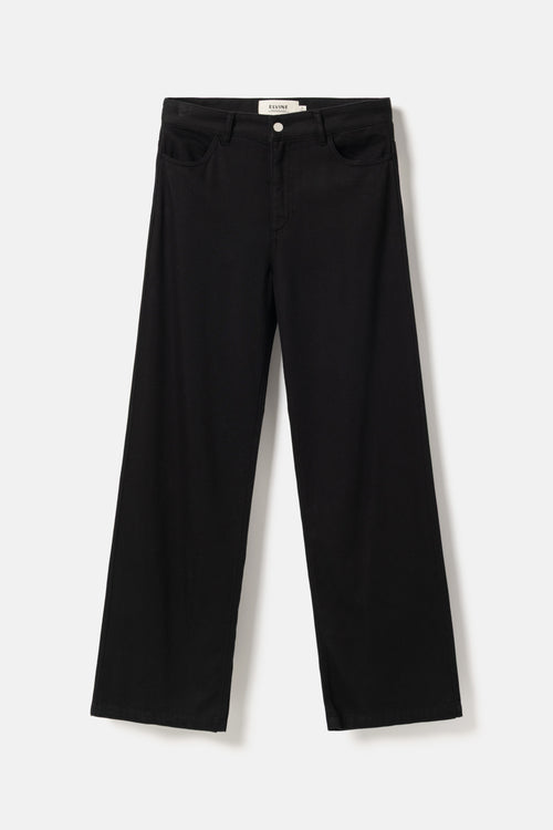 Black wide-leg cropped pants with a straight, relaxed fit, shown flat against a light gray background.